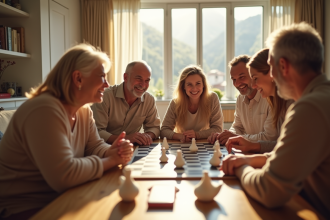 Famille multigenerational jouant au jeu de l'oie dans un salon lumineux