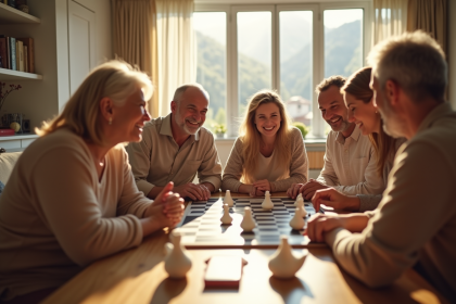 Famille multigenerational jouant au jeu de l'oie dans un salon lumineux