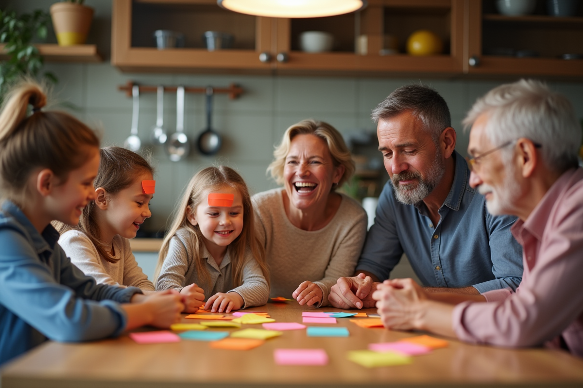 Famille multigeneration jouant à qui suis-je dans la cuisine