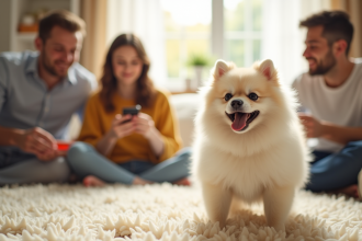 Famille heureuse jouant avec leur chien pomeranian blanc en lumière naturelle