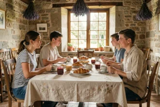 Famille prenant le petit-déjeuner dans un hôtel de charme en France avec décor en pierre et ambiance authentique