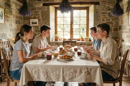 Famille prenant le petit-déjeuner dans un hôtel de charme en France avec décor en pierre et ambiance authentique