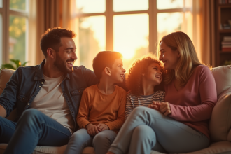 Famille heureuse regardant un film dans le salon