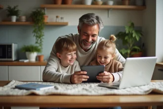 Famille souriante autour d'une table avec tablette