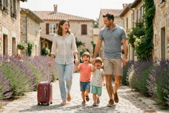 Famille avec deux jeunes enfants en vacances scolaires marchant dans un village provençal ensoleillé avec valises colorées