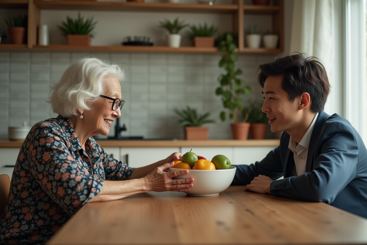 Femme agee offrant un bol de fruits a un jeune homme dans la cuisine