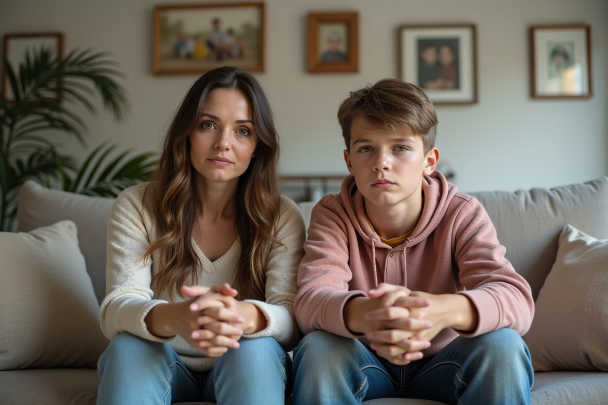 Femme d'âge moyen et adolescent assis sur un canapé