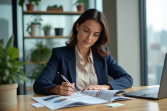 Femme d'affaires consultant un magazine business pour réinventer sa stratégie d'entreprise