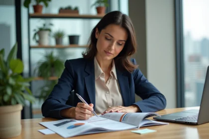 Femme d'affaires consultant un magazine business pour réinventer sa stratégie d'entreprise