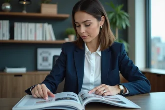 Femme d affaires en blazer lisant des magazines dans un bureau