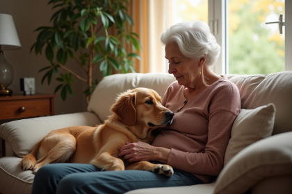 Femme âgée caressant un retriever dans un salon chaleureux