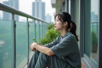 Jeune femme japonaise en athleisure sur un balcon urbain
