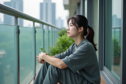 Jeune femme japonaise en athleisure sur un balcon urbain