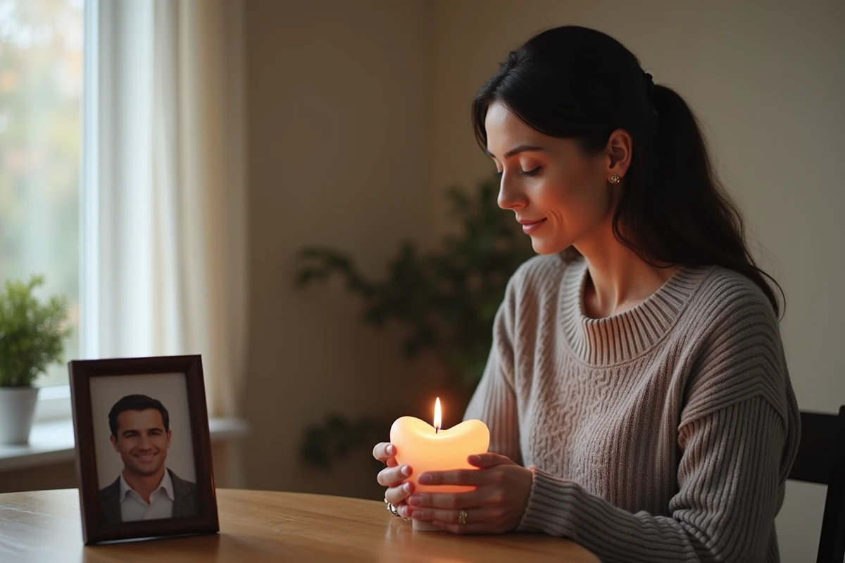 Femme tenant une bougie deuil en forme de coeur devant la photo d'un proche décédé, moment de recueillement personnel