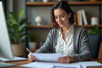 Femme au bureau lisant des papiers avec concentration