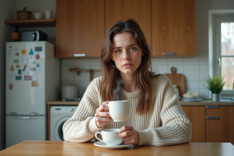 Jeune femme pensant avec tasse de thé dans la cuisine