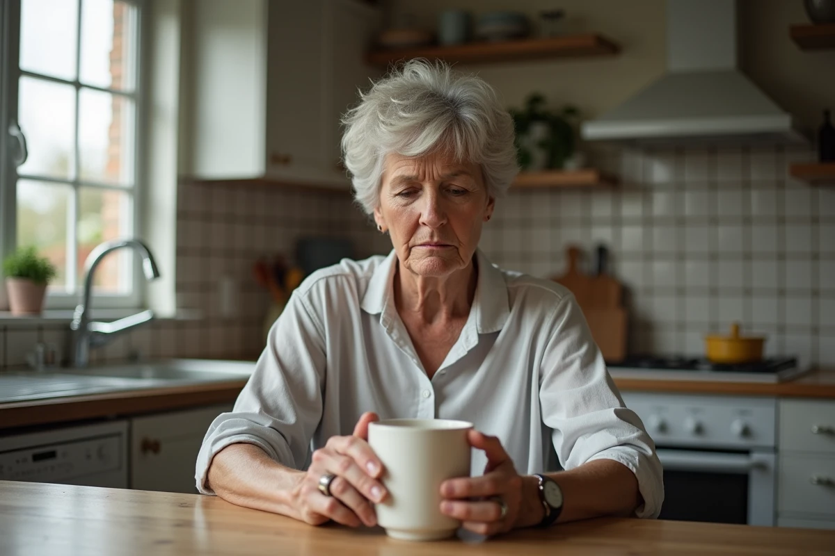 Femme d age moyen tenant un mug dans la cuisine