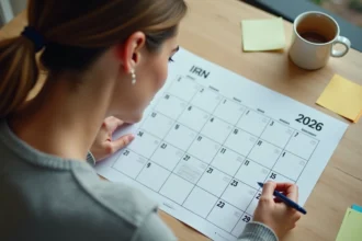 Femme annotant un calendrier mural 2026 pour distinguer les semaines paires et impaires à son bureau à domicile