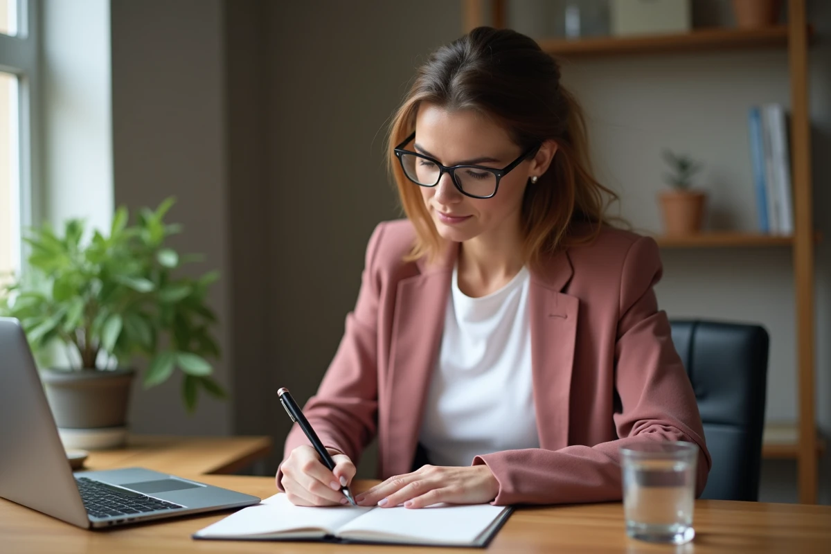 Femme concentrée qui écrit ses pensées dans un carnet, préparant un ultimatum sain après une dispute relationnelle