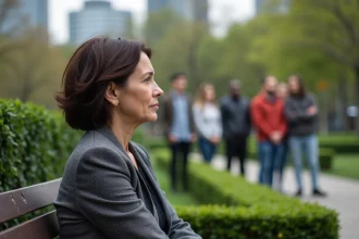 Femme d'âge moyen en blazer dans un parc urbain
