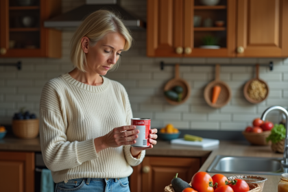 Femme réfléchissant à une conserve dans la cuisine chaleureuse