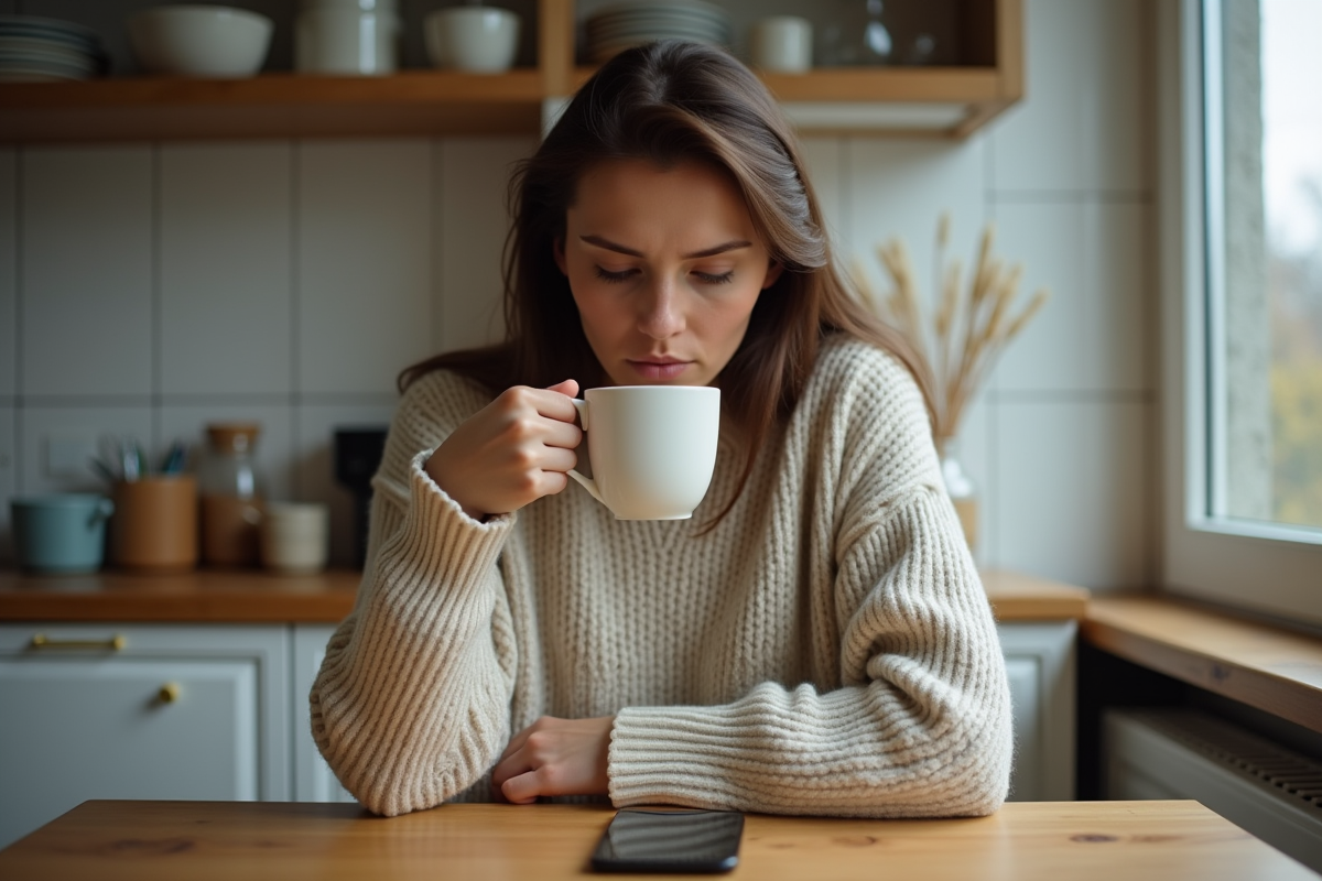 Femme seule à la cuisine contemplant son téléphone