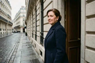 Femme élégante et discrète sortant d'un immeuble haussmannien à Paris, apparition rare capturée en candid shot