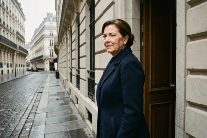 Femme élégante et discrète sortant d'un immeuble haussmannien à Paris, apparition rare capturée en candid shot