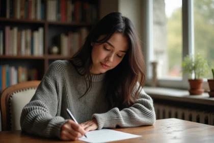 Femme écrivant une lettre dans un bureau cosy à la maison