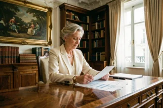 Femme élégante dans la soixantaine examinant des documents financiers dans un bureau parisien luxueux avec décoration classique et bibliothèque en bois sombre