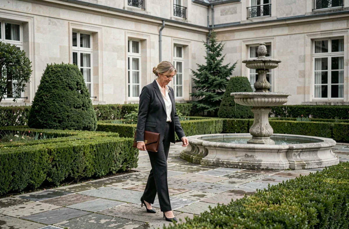 Femme discrète et élégante traversant la cour d'une demeure privée française, allure réservée et style raffiné