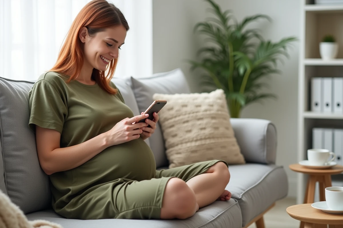 Femme enceinte créant sa liste de naissance sur smartphone dans un salon minimaliste