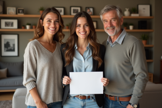 Jeune femme avec ses parents dans un salon chaleureux