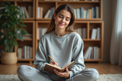 Femme assise en intérieur journalisant dans un salon chaleureux