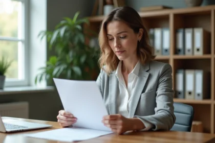 Femme lisant un acte de naissance officiel à son bureau à domicile