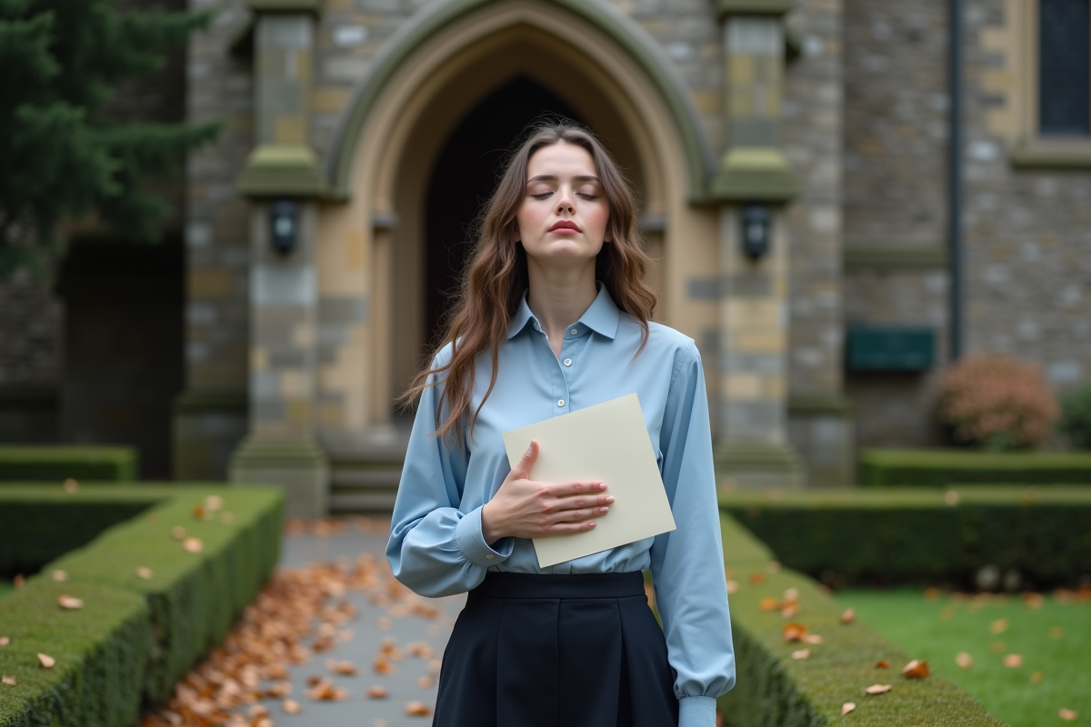 Jeune femme tenant une lettre près d une église