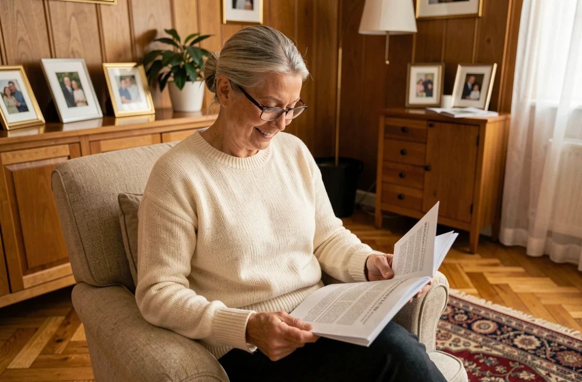 Femme cultivée lisant des documents dans un salon chaleureux et élégamment décoré, atmosphère intime et familiale