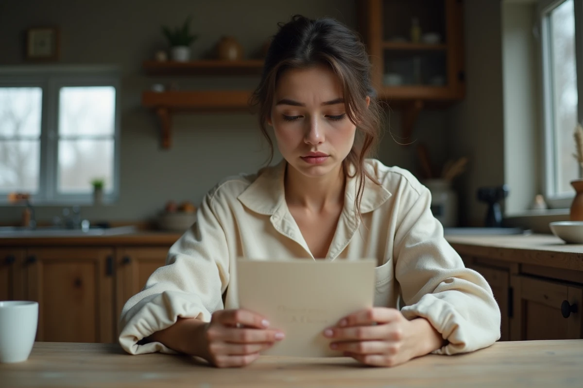 Une femme en deuil lisant une carte de condoléances manuscrite à table dans une cuisine chaleureuse, expression émue et touchée