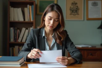 Femme en tenue professionnelle plaçant une lettre dans une enveloppe