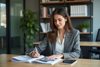 Femme professionnelle organise magazines et tablettes dans un bureau moderne