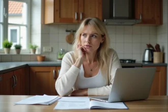 Femme assise à la cuisine avec papiers et ordinateur