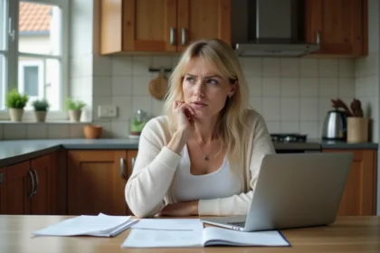 Femme assise à la cuisine avec papiers et ordinateur