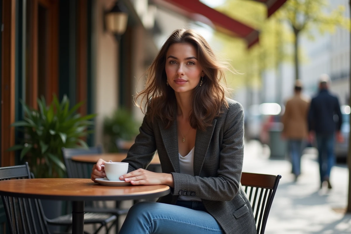 Jeune femme française souriante au café parisien