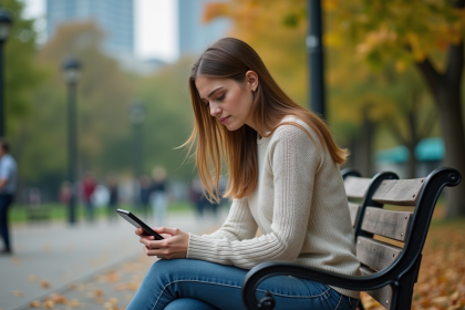 Femme assise sur un banc dans un parc en pleine réflexion