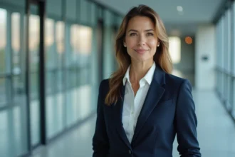 Femme politique professionnelle dans un couloir institutionnel moderne, illustrant la vie publique et la sphère privée