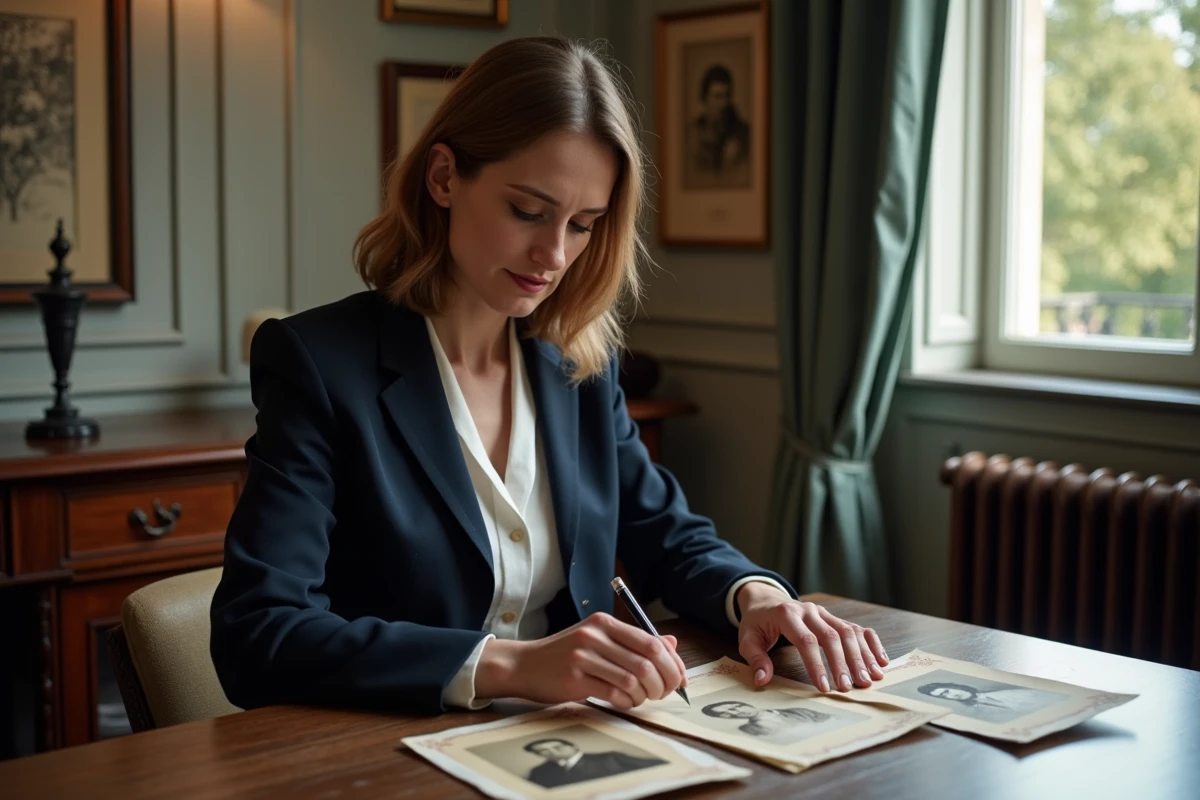 Femme d'âge moyen regardant un vieux portrait sepia dans un appartement parisien