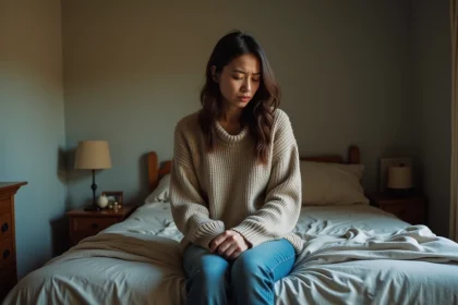 Femme adulte en sweater assise sur le lit en reflection