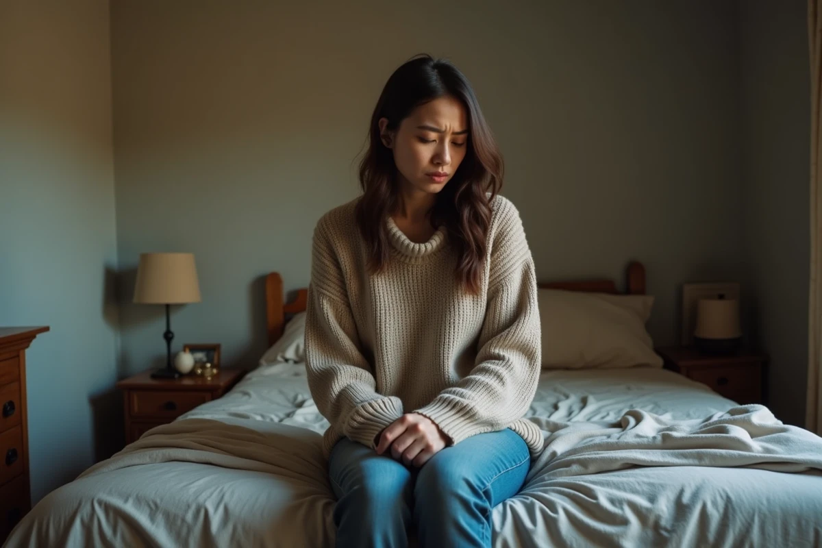 Femme adulte en sweater assise sur le lit en reflection
