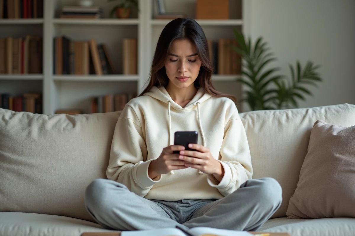 Femme lisant les résultats d'un simulateur de couple sur son smartphone depuis son canapé avec une expression réfléchie