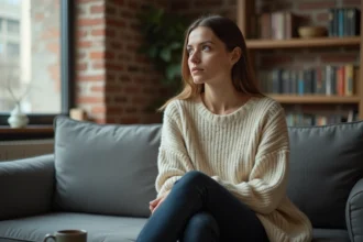 Femme seule sur un canapé après une dispute, posture repliée et regard pensif vers la fenêtre